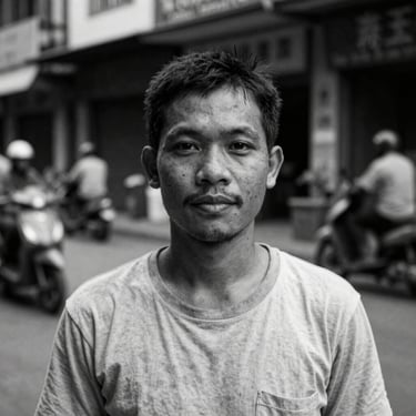 Black and white portrait of a male Cambodian journalist, gritty street background with soft focus, high-contrast lighting, 1:1 aspect