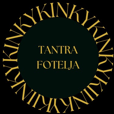 Letters KINKY surrounding a purple circle. Title inside the circle Tantra fotelja