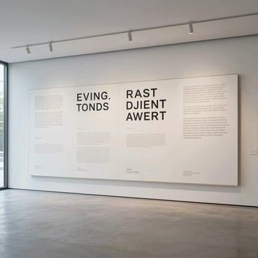Minimalist modern gallery interior with a large high-end display showing clean typographic layouts, soft overcast daylight.