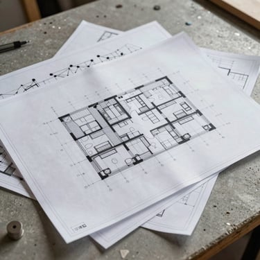 Overhead view of architectural blueprints layered with digital wireframes on a concrete workspace, natural diffused light.