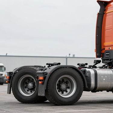 Tight close-up of commercial truck chassis and heavy axles on a shipping dock, steel and industrial details.