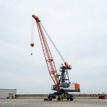 Wide environmental shot of a mobile crane on a concrete shipyard lot, steel booms, high contrast overcast sky.