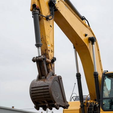 Tight technical close-up of heavy excavator hydraulic arm, yellow steel, grease and mechanical detail, overcast daylight.