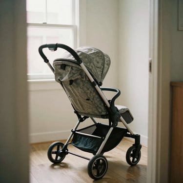 A compact, folded baby stroller standing in a warm-toned hallway, natural light, clean Scandinavian interior