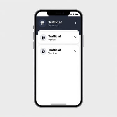 A clean, high-contrast digital interface mockup of the Traffic.af vehicle verification screen displayed on a modern smartphone, centered against a neutral studio background with bright, clear lighting.
