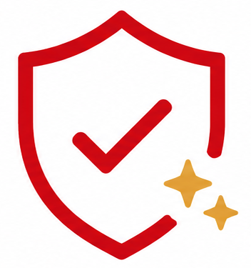 Icono de escudo de seguridad rojo con una marca de verificación y estrellas doradas