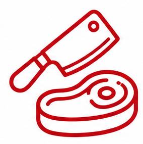 Icono con contorno rojo de un cuchillo de carnicero y un filete crudo cortado