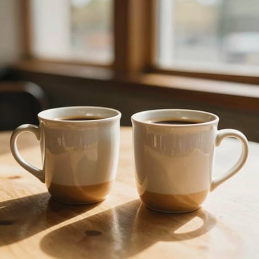 Two warm ceramic coffee mugs sitting side-by-side on a sunlit table, soft-focus background, cozy atmosphere.