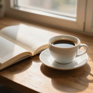 An open journal next to a warm cup of coffee on a wooden desk, soft morning light, peaceful self-care setting.