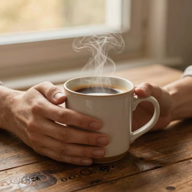 Close-up of relaxed hands wrapping around a steaming ceramic mug on a rustic wooden table, soft golden window light.