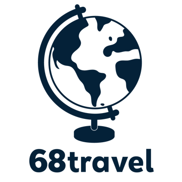 68travel company logo featuring a dark blue world globe icon and minimalist text.