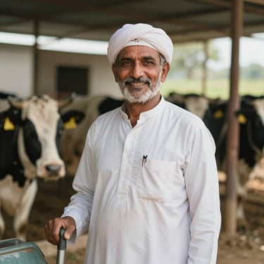 A portrait of a smiling Pakistani dairy farmer standing in front of his farm, looking confident and satisfied with his equipment.