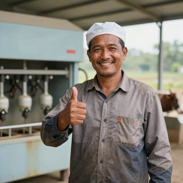 A portrait of a professional farm manager in traditional attire, giving a thumbs up next to a Pak Milking Machine unit.