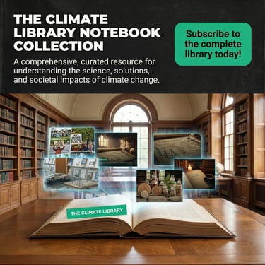 library shelves to left and right, foreground has an open book and the words 'the clmate library"