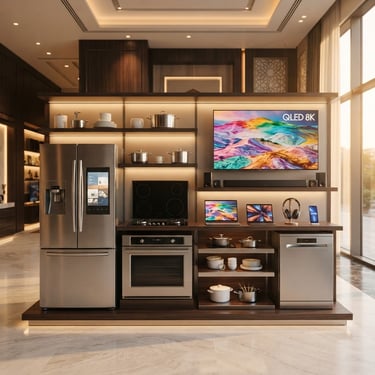 Straight-on clean studio shot of high-end home appliances and electronics on display in a luxury Baghdad showroom, warm golden dawn lighting, sharp focus