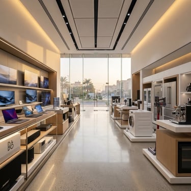 Straight-on architectural shot of a luxurious, modern electronics showroom in Al-Mansour Baghdad, bright clean studio lighting with soft golden dawn highlights, high-end appliances neatly arranged on minimalist displays