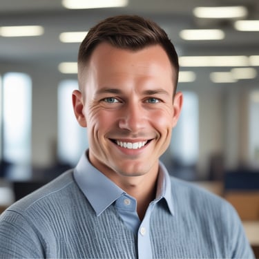 Portrait of a smiling man with short hair in a bright office setting.