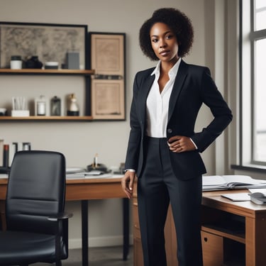 Photo of a confident man in casual business attire standing by a modern workspace.