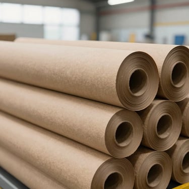 Macro shot of heavy rolls of raw brown kraft paper stacked in a clean, modern Surat manufacturing facility, bright natural light