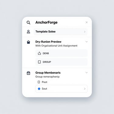 Crisp software interface mockup of AnchorForge showing role template selection, dry-run provisioning preview with organizational unit assignment, and group membership mapping, flat vector UI elements, clean light gray background.