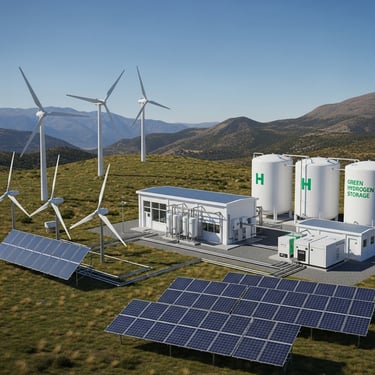 Green hydrogen storage facility with wind turbines and solar panels for renewable energy production.