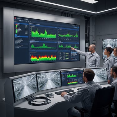 Engineers monitor industrial data and security footage in a modern control room.