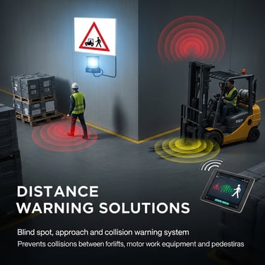 A forklift driver safely navigates an industrial warehouse with a distance warning system, showing blind spot detection and