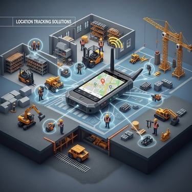 Industrial location tracking solutions showing GPS mapping of workers and construction machinery on a digital device.
