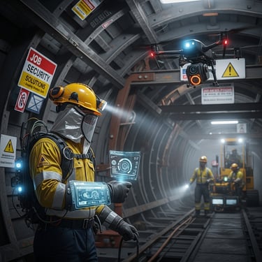 A miner uses a digital interface to control an inspection drone inside an underground industrial tunnel.