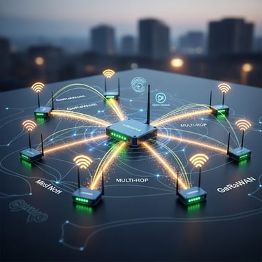 A wireless multi-hop mesh network diagram showing interconnected LoRaWAN routers with glowing data connections.