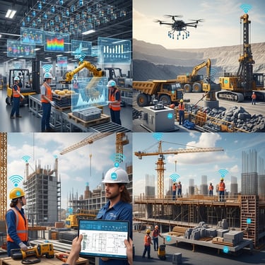 Smart industrial and construction sites using IoT technology, automated robots, and digital twins for site management.