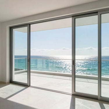 Frameless floor-to-ceiling automatic sliding glass doors opening to a coastal patio in Miami, crisp ocean reflections, bright daylight, clean minimalist lines.