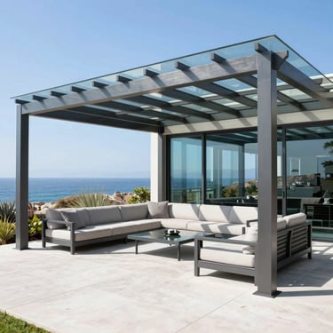 Sleek modern steel pergola with a structural glass roof over a luxury outdoor lounge in Malibu, sharp geometric shadows, bright sun, cool glass tones.