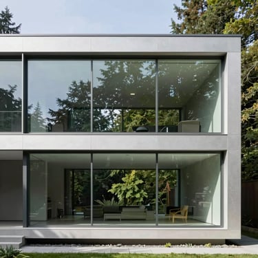 Minimalist modern estate in Seattle featuring a massive minimalist system window wall with ultra-thin steel frames, overlooking a forest, bright natural daylight.