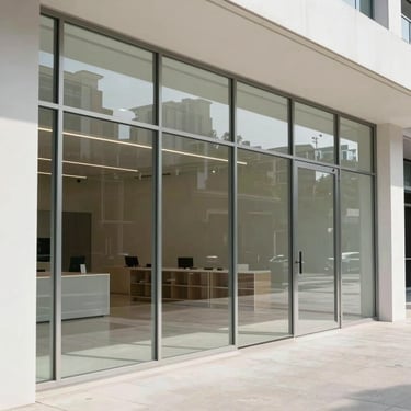 A commercial showroom with massive seamless glass panels and minimal metal fittings.