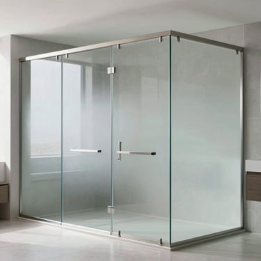 A luxury bathroom featuring custom smart glass shower partitions that switch from clear to frosted.