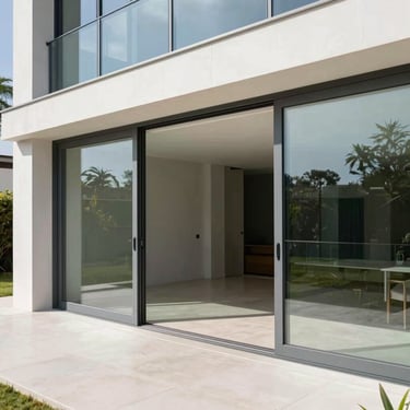 A modern home with large automatic sliding glass doors opening to a scenic patio.