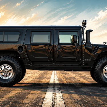 Illustrated side profile of a black H1 Hummer on a runway