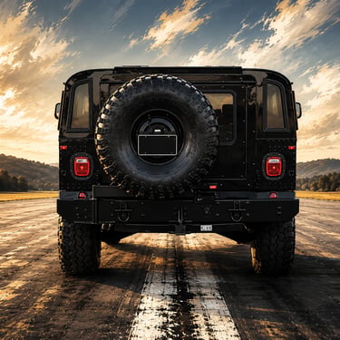 Illustrated rear view of a black H1 Hummer with spare tire on a runway