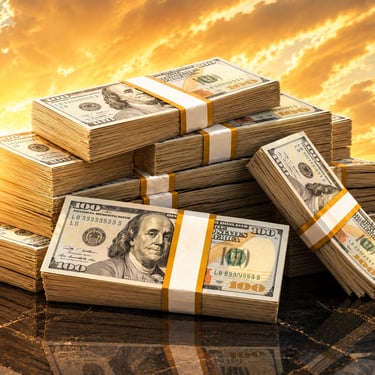 Illustrated stacks of one hundred dollar bills representing the ten thousand dollar cash prize