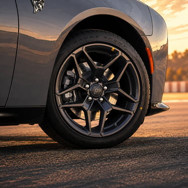 Illustrated tire and wheel of a 2026 Scat Pack Dodge Charger