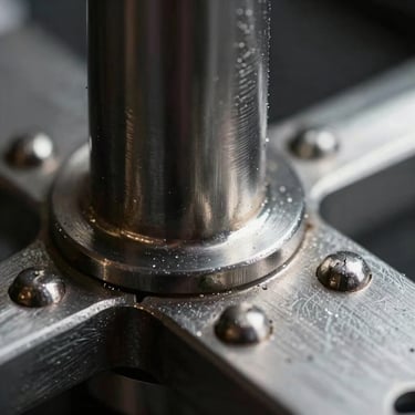 Extreme macro close-up of a brushed steel joint, mechanical rivets, high-contrast harsh studio lighting, deep shadows.