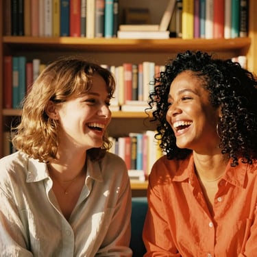 Two diverse women laughing together in a sun-drenched room with bookshelves, warm golden hour lighting, vibrant colors