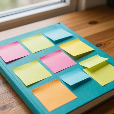 Close-up of a vibrant teal and mustard book cover covered in colorful sticky notes on a wooden table, sunny window light