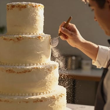 A baker dusting a multi-tiered wedding cake with fine sugar, warm golden hour light catching the delicate details.