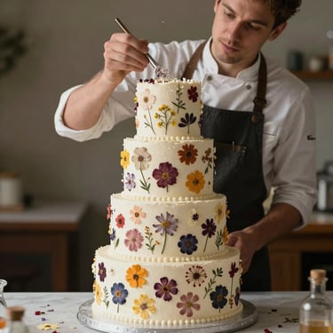 A baker dusting a multi-tiered wedding cake decorated with delicate edible pressed flowers, soft indoor light.