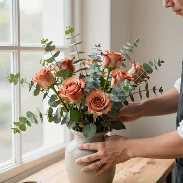 Hands of a local florist arranging native eucalyptus and terracotta-toned roses in a ceramic vessel, soft morning window light.