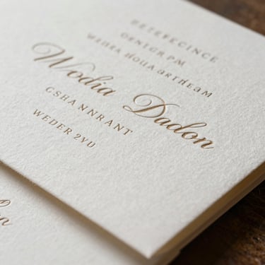 Tactile close-up of heavy cotton paper wedding invitations with elegant letterpress typography and deckled edges.