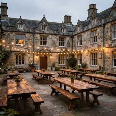 Sweeping view of a historic stone estate courtyard dressed with long wooden tables and warm ambient string lights.