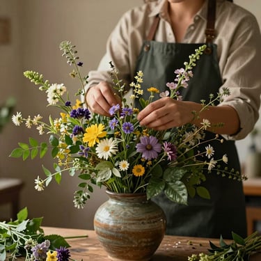 A florist arranging local wildflowers and deep green foliage in a ceramic vessel, soft golden lighting.